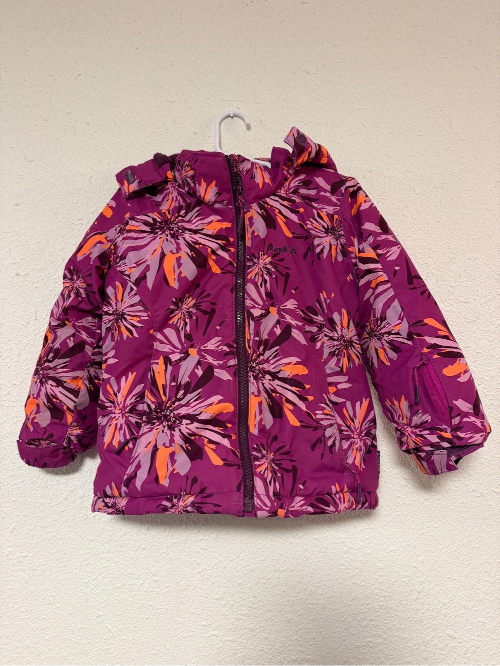 Kamik Purple Floral Puffer Jacket with Orange Accents Girls 4